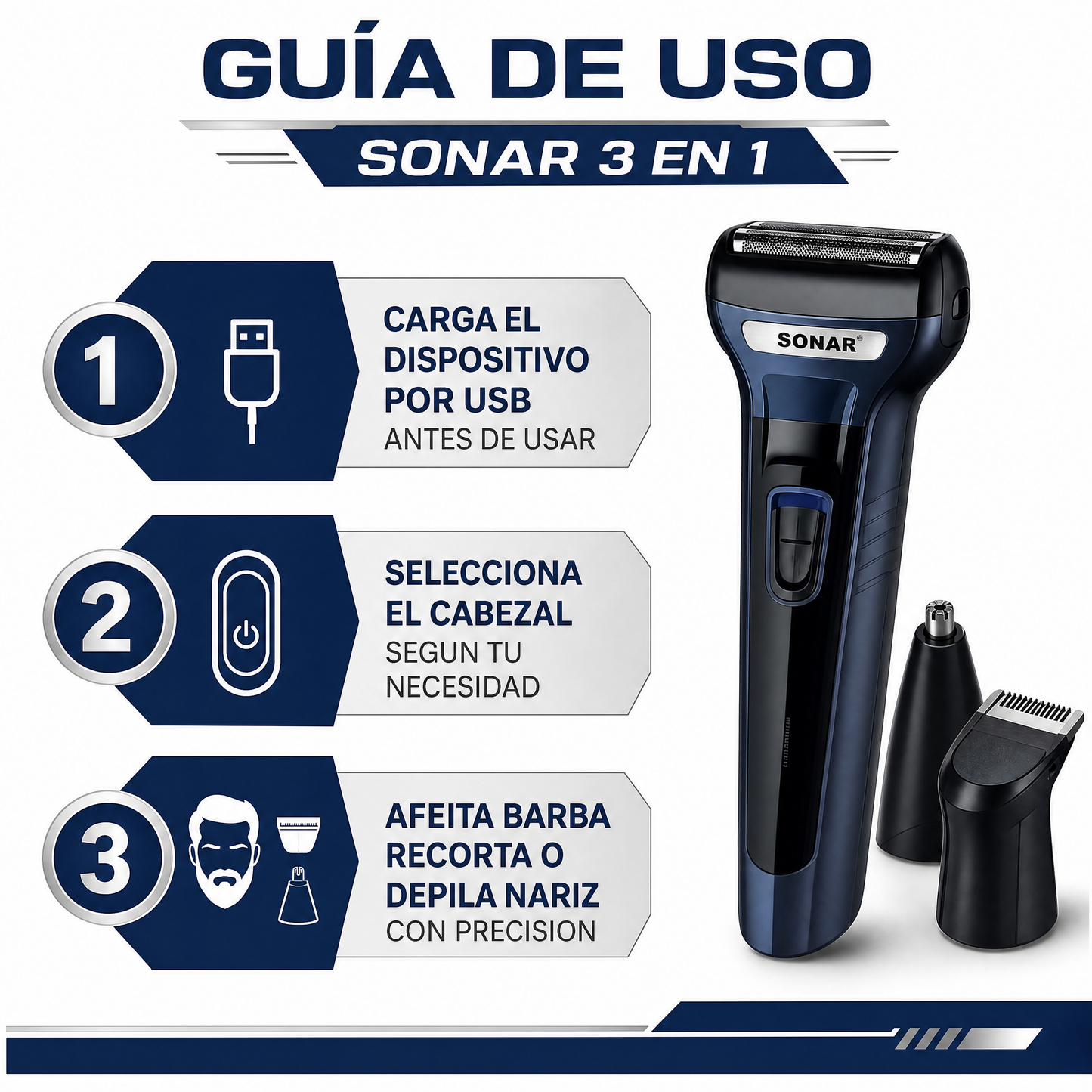 Afeitadora Sonar 3 en 1 - Guia de Uso 3 Pasos Ecuador