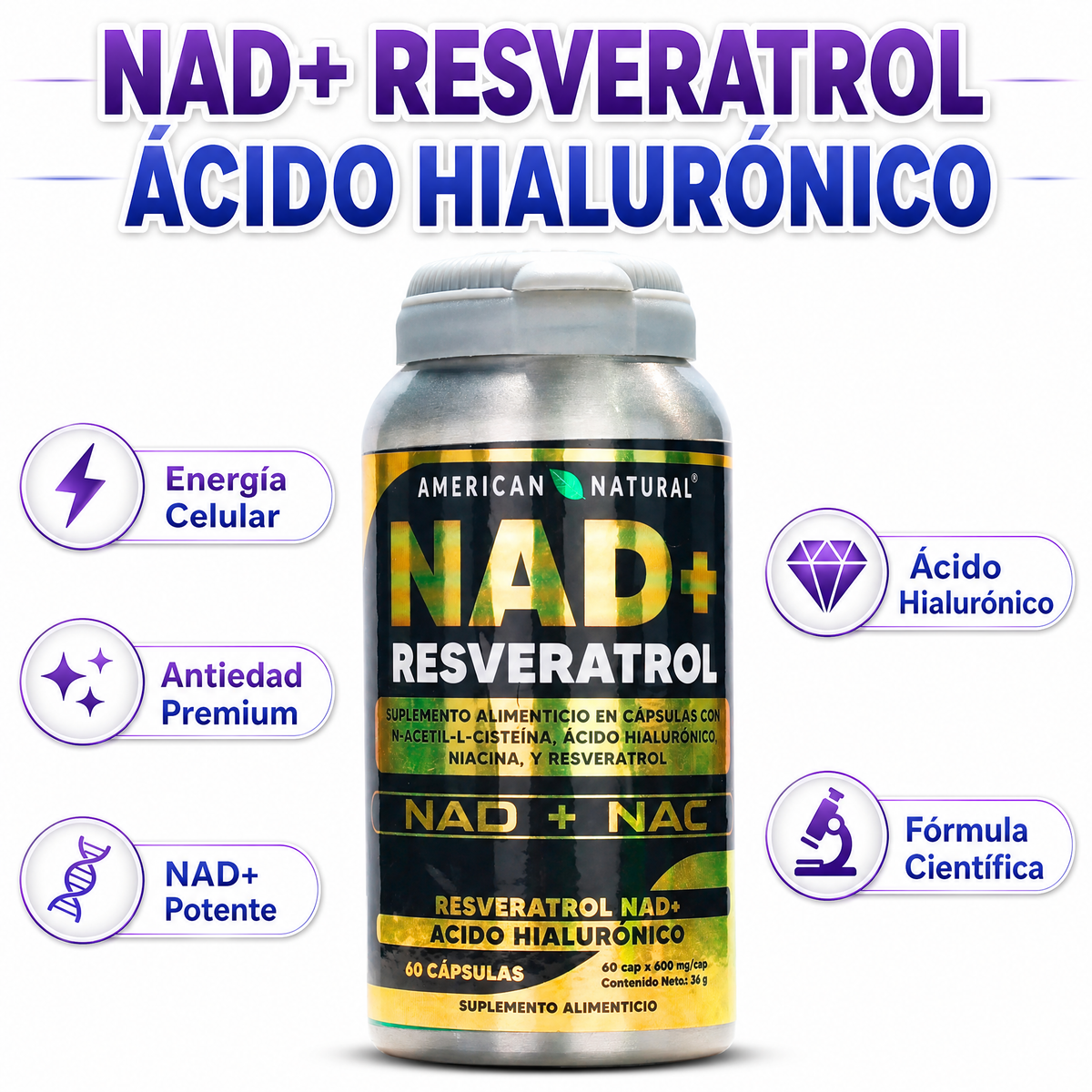 NAD+ Resveratrol Ácido Hialurónico 60 Cápsulas - Infografía del producto