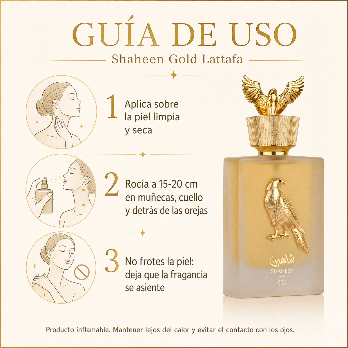 Shaheen Gold Lattafa - Guía de uso 3 pasos Ecuador