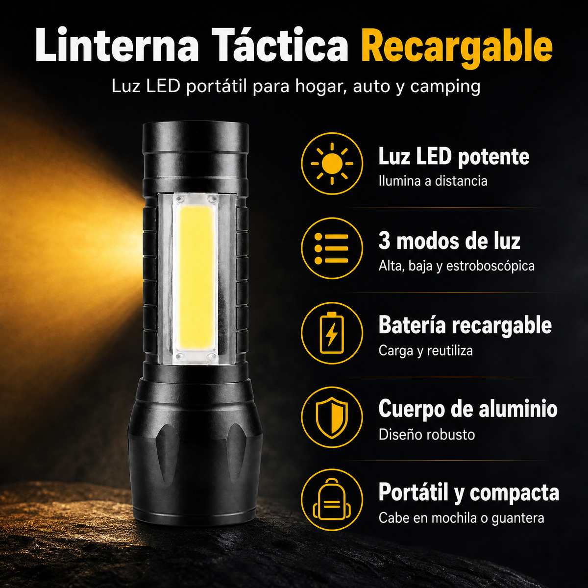 Linterna táctica recargable - infografía luz LED 3 modos batería recargable aluminio