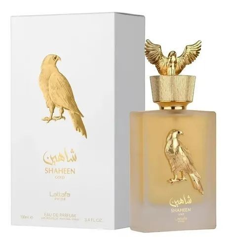 Perfume Shaheen Gold Lattafa con su caja