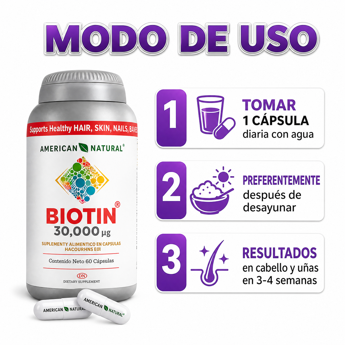 Biotin 60 Cápsulas - Suplemento para Crecimiento de Cabello
