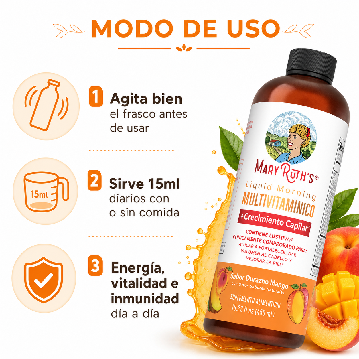 Mary Ruth's 450ml Peach Mango - Guia de Uso 3 Pasos Ecuador
