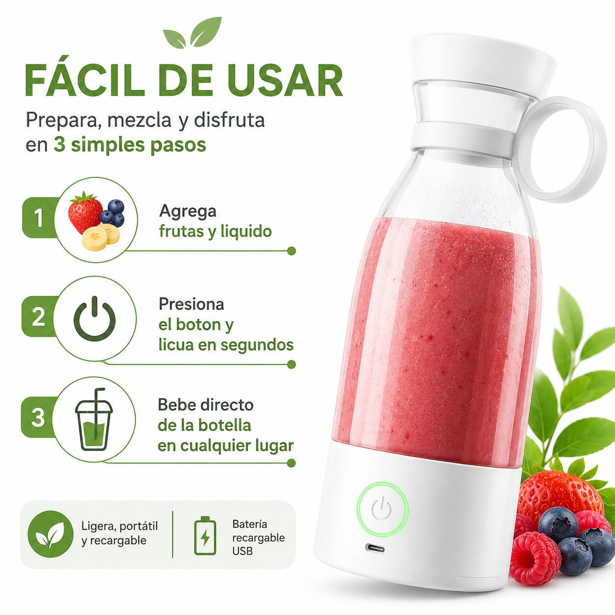 Botella Licuadora Inalambrica 40W - Guia de Uso 3 Pasos Ecuador