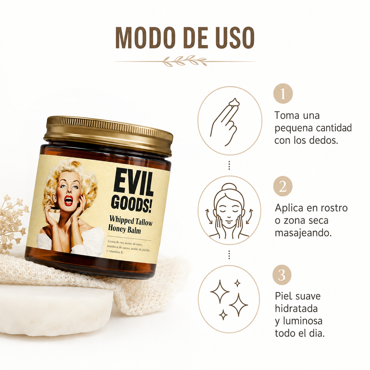 Sebo de Res Evil Goods 100g - Guia de Uso 3 Pasos Ecuador