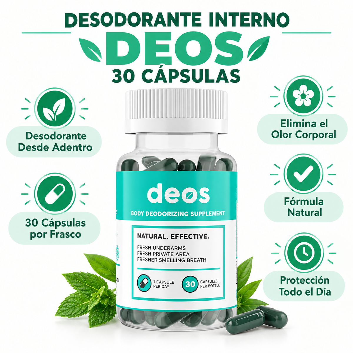 Desodorante Interno DEOS 30 Cápsulas - Infográfico verde menta natural olor corporal