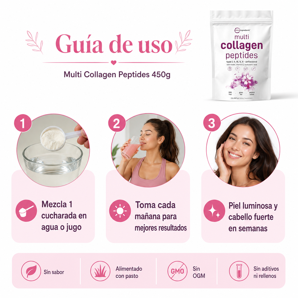 Multi Collagen Peptides 450g - Guia de Uso 3 Pasos Ecuador