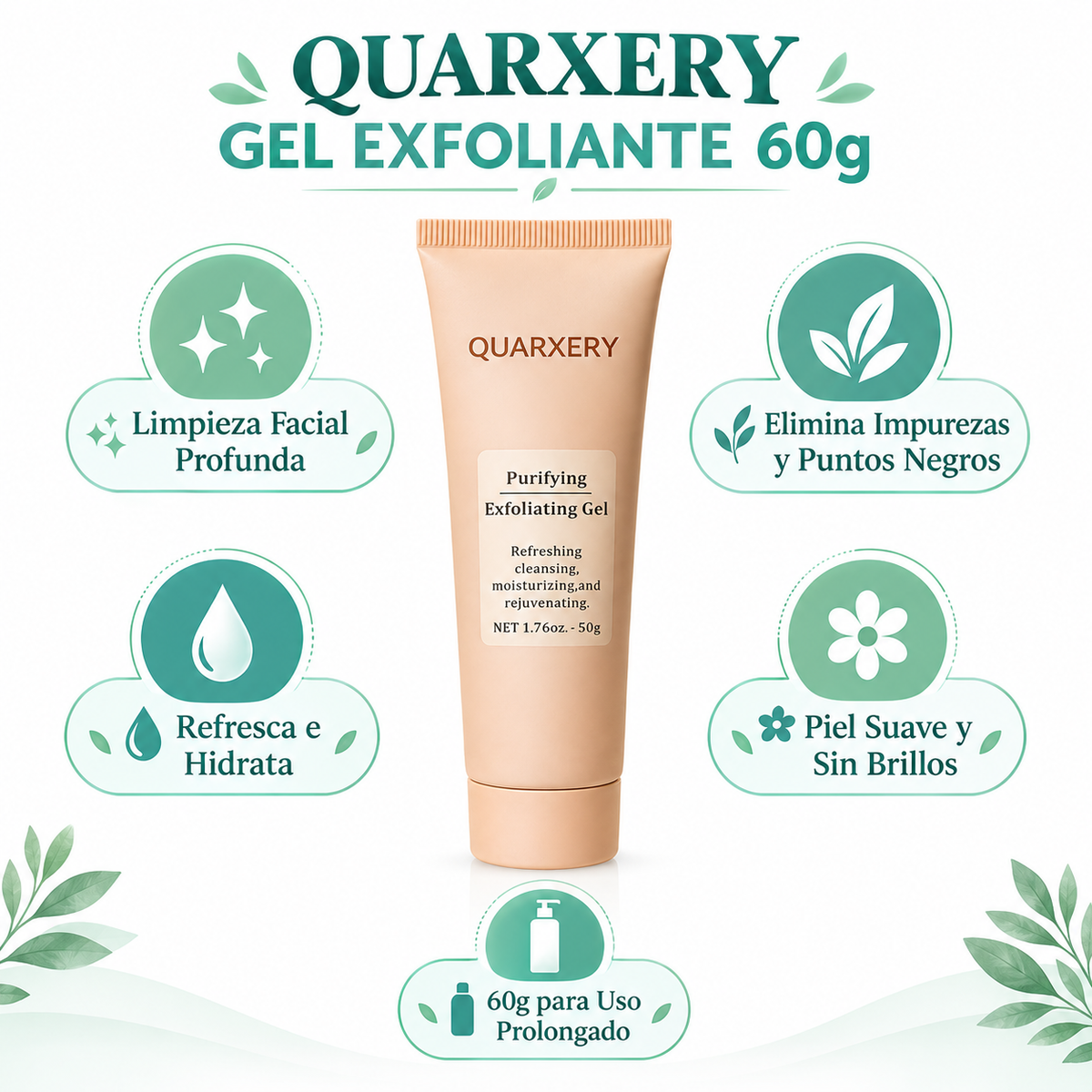 Quarxery Gel Exfoliante 60g - Infográfico verde menta teal limpieza facial profunda