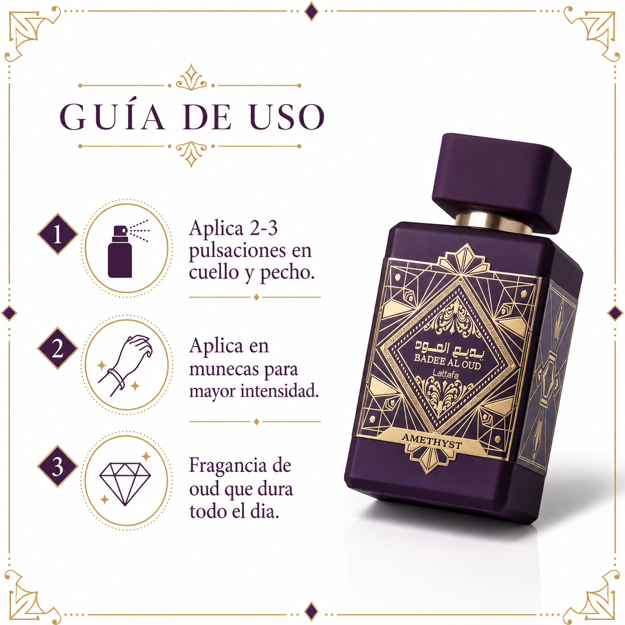 Badee Al Oud Amethyst - Guia de Uso Aplicacion Ecuador