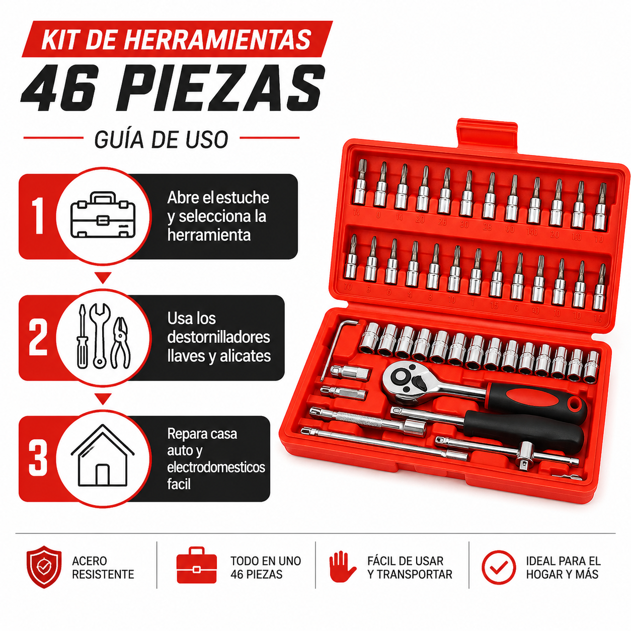 Juego Herramientas 46en1 - Guia de Uso 3 Pasos Ecuador