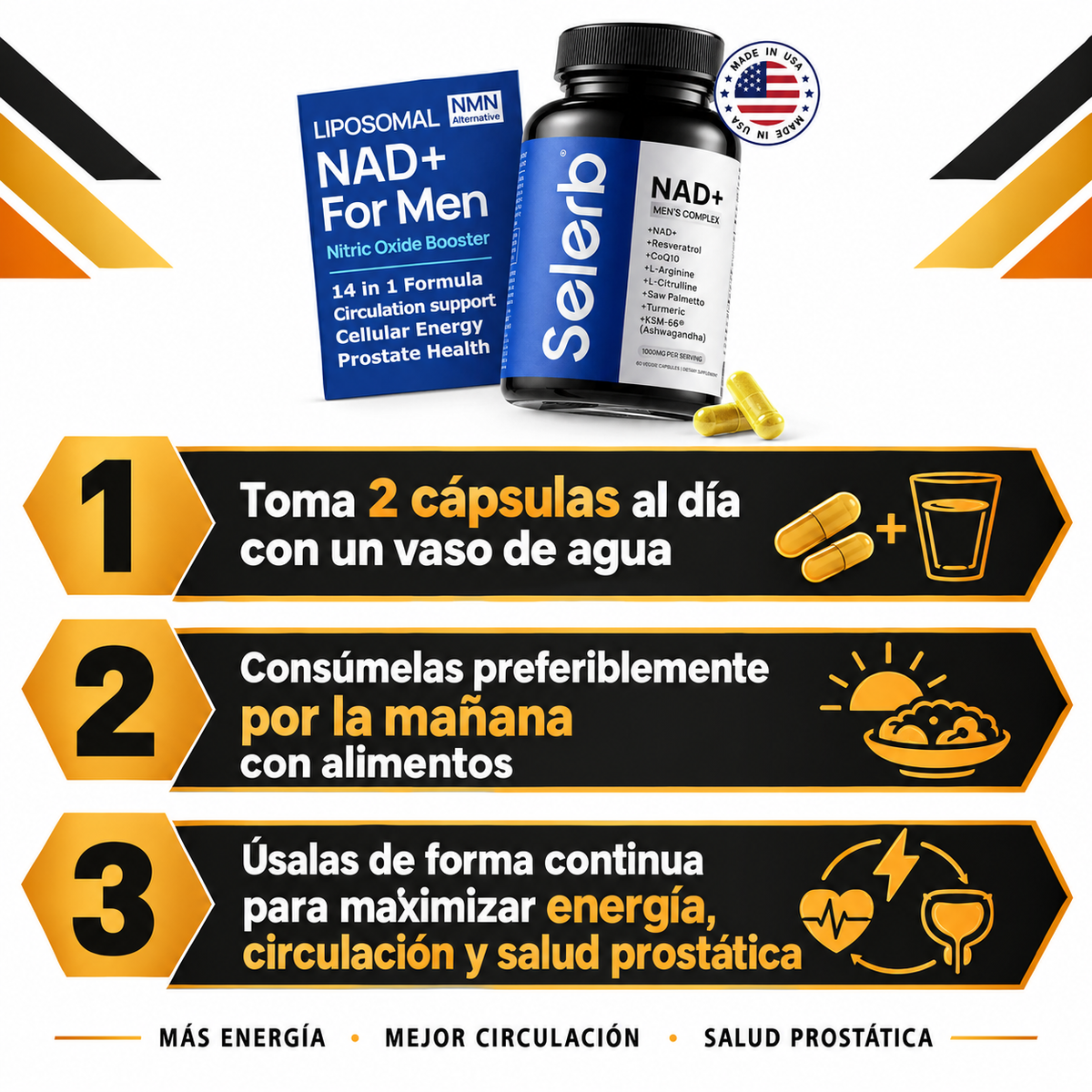 Selerb NAD+ Hombres 60 Cáps - Guía de uso negro dorado 3 pasos