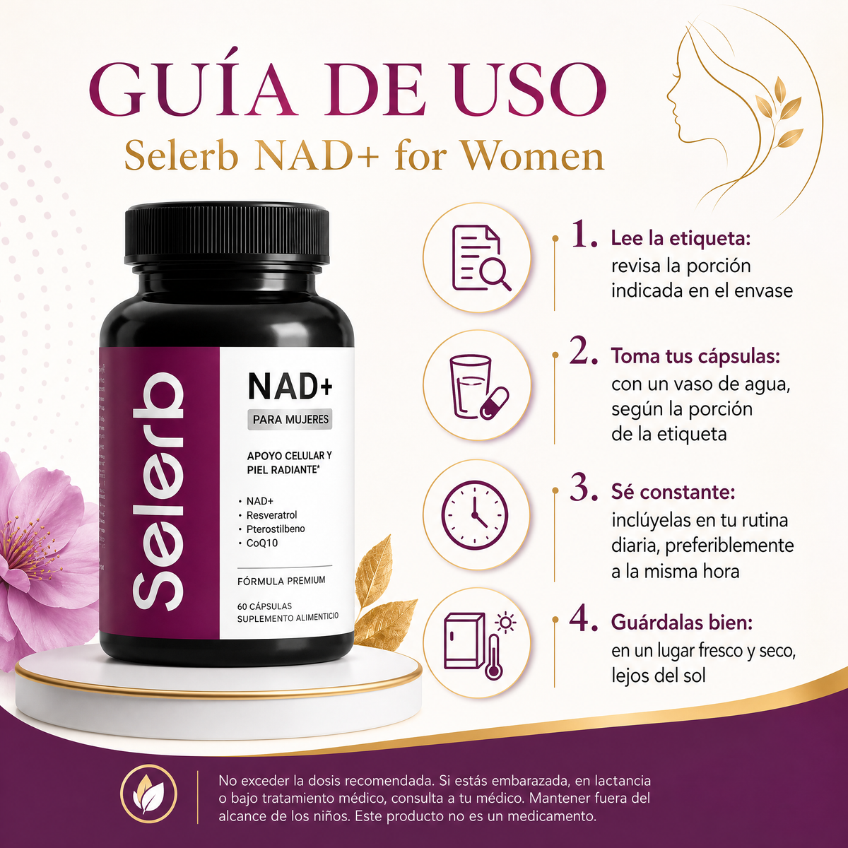 Guía de uso Selerb NAD+ for Women - cómo tomar el suplemento