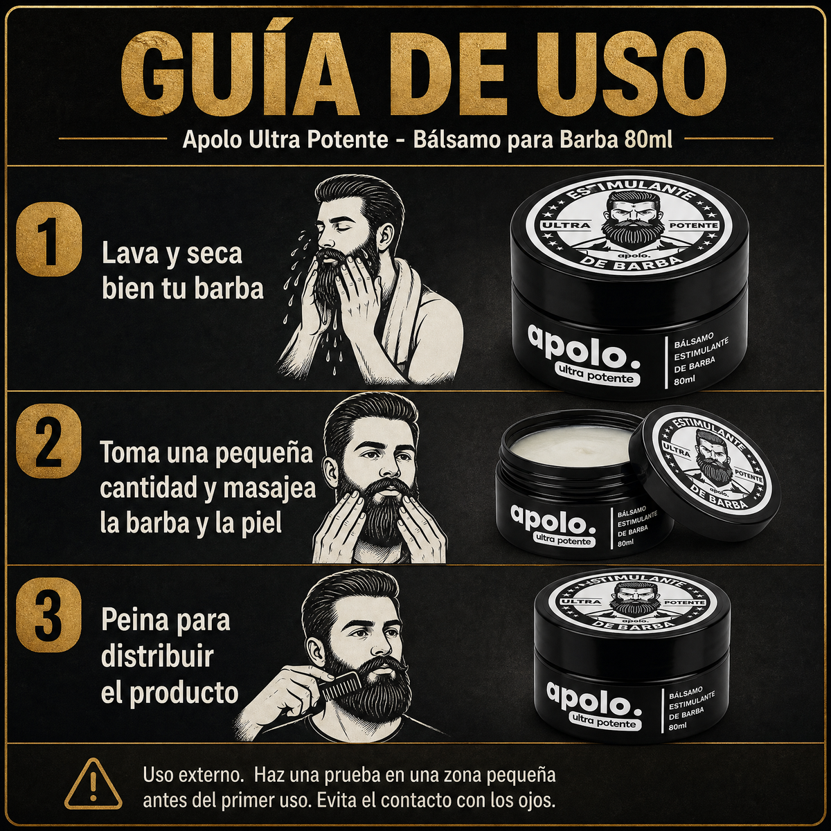 Apolo Ultra Potente Bálsamo para Barba - Guía de uso 3 pasos Ecuador