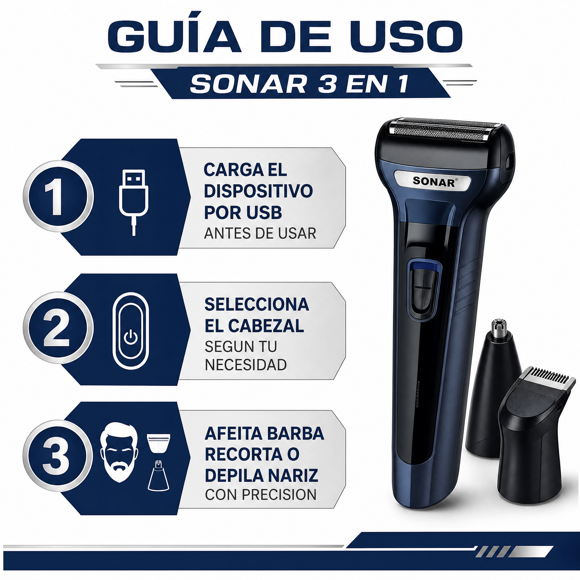 Afeitadora Sonar 3 en 1 - Guia de Uso 3 Pasos Ecuador