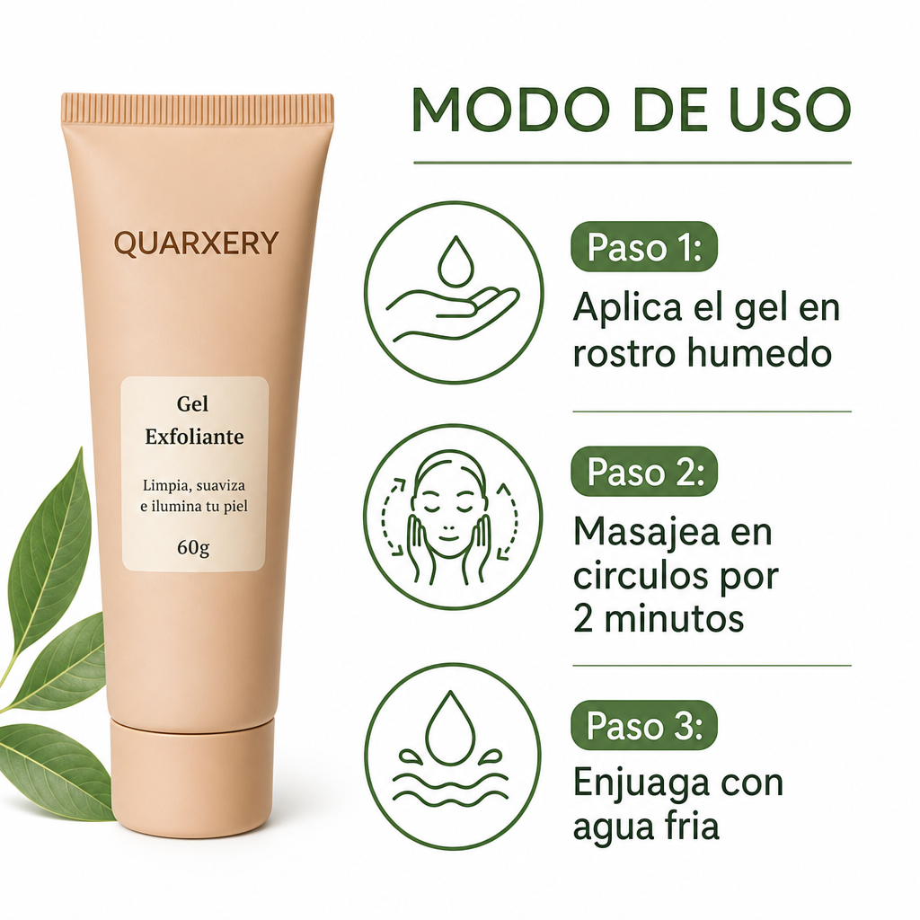 Quarxery Gel Exfoliante 60g - Pasos de Uso Aplicacion Ecuador