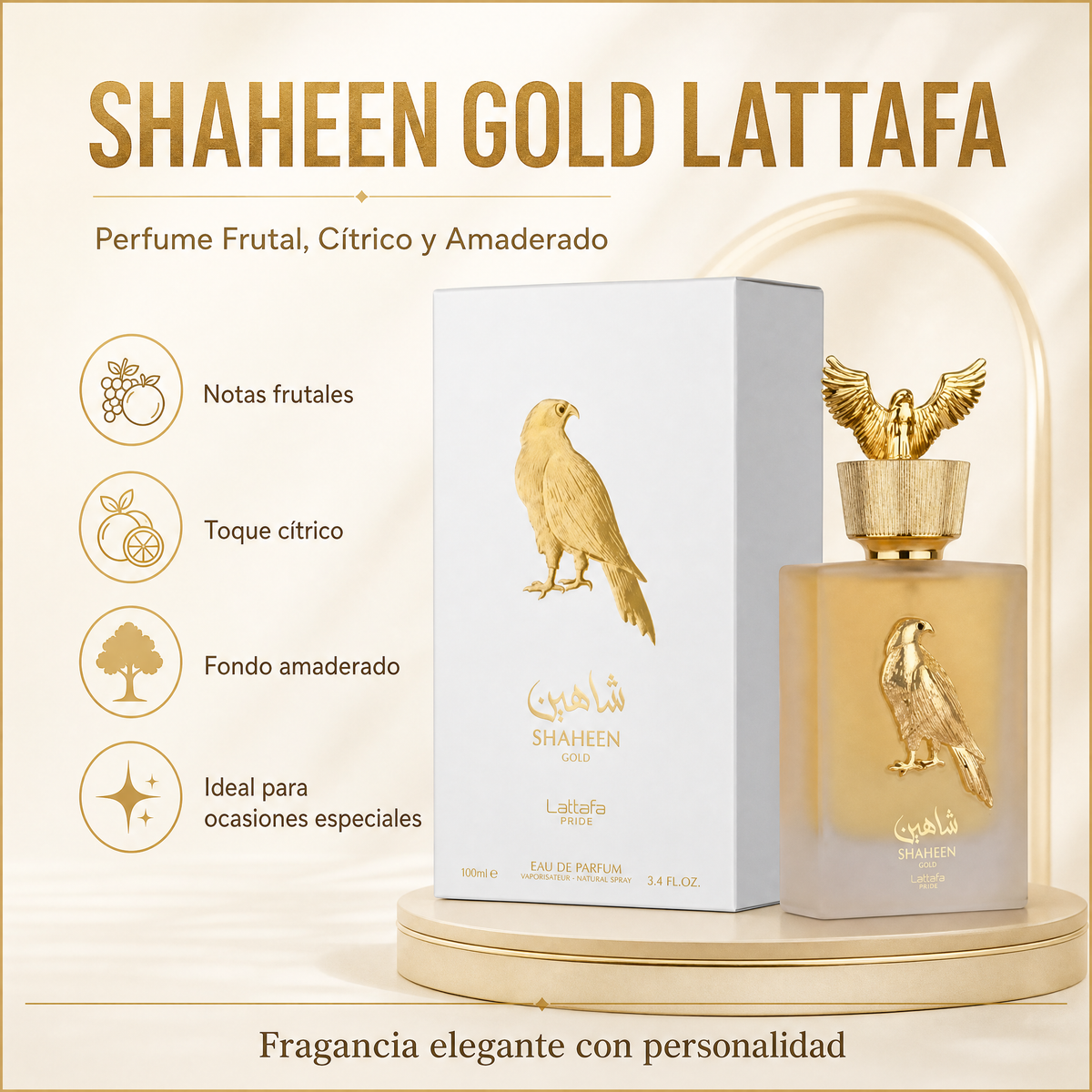 Shaheen Gold Lattafa - Infografía perfume frutal, cítrico y amaderado Ecuador