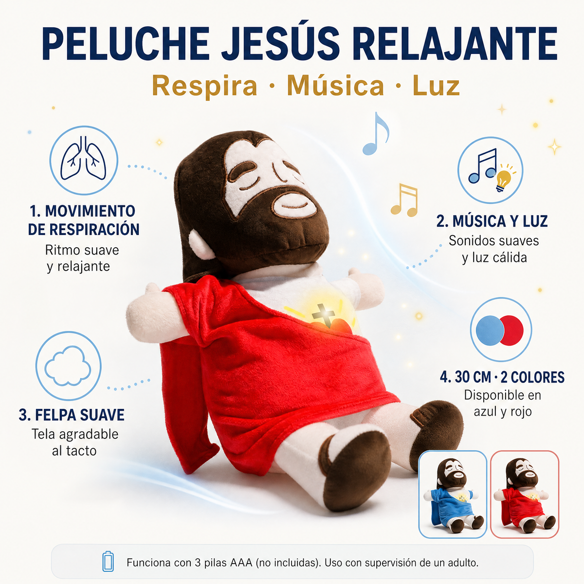 Peluche Jesús Relajante - Infografía Respira Música y Luz Ecuador