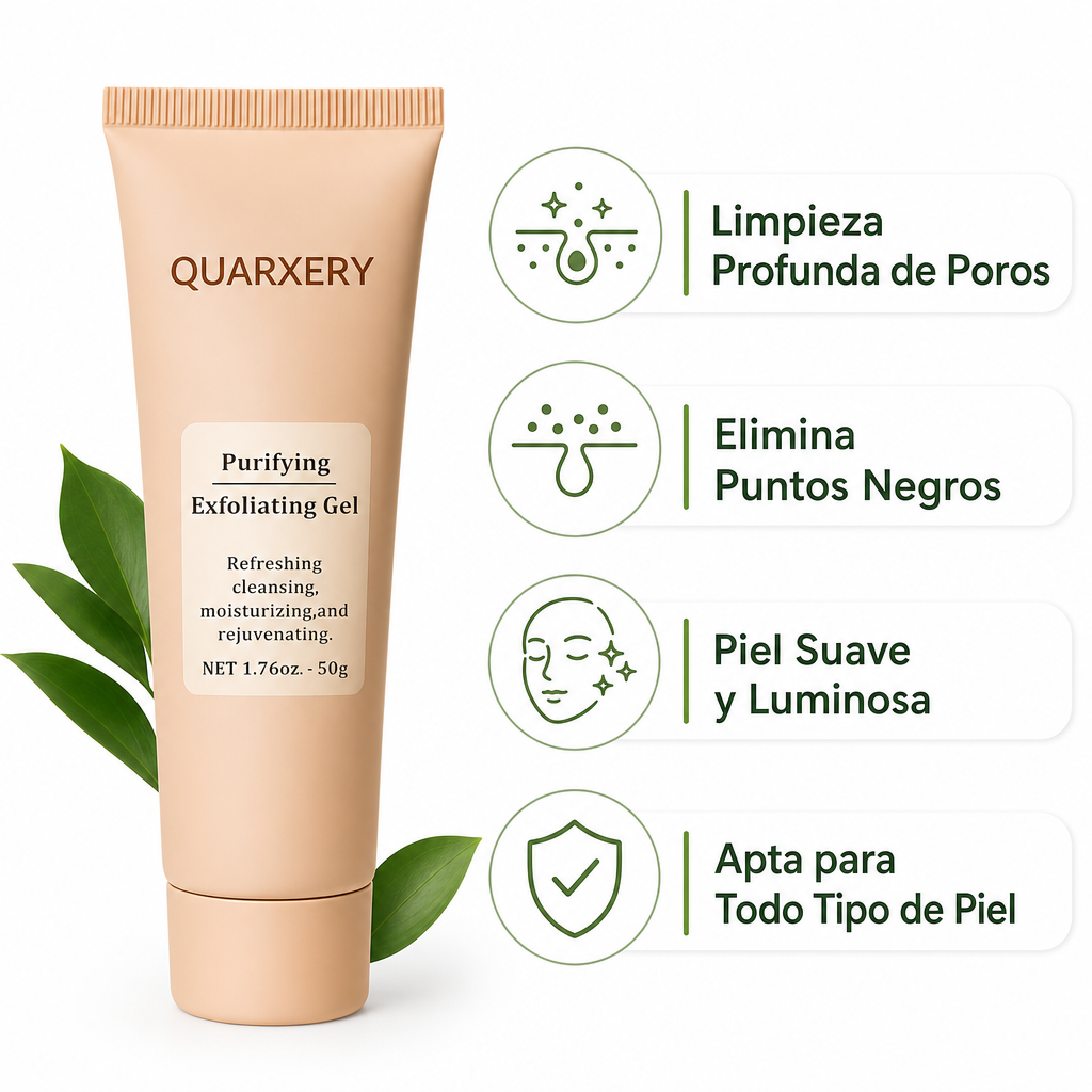 Quarxery Gel Exfoliante 60g - Infografico Beneficios Poros Piel Ecuador