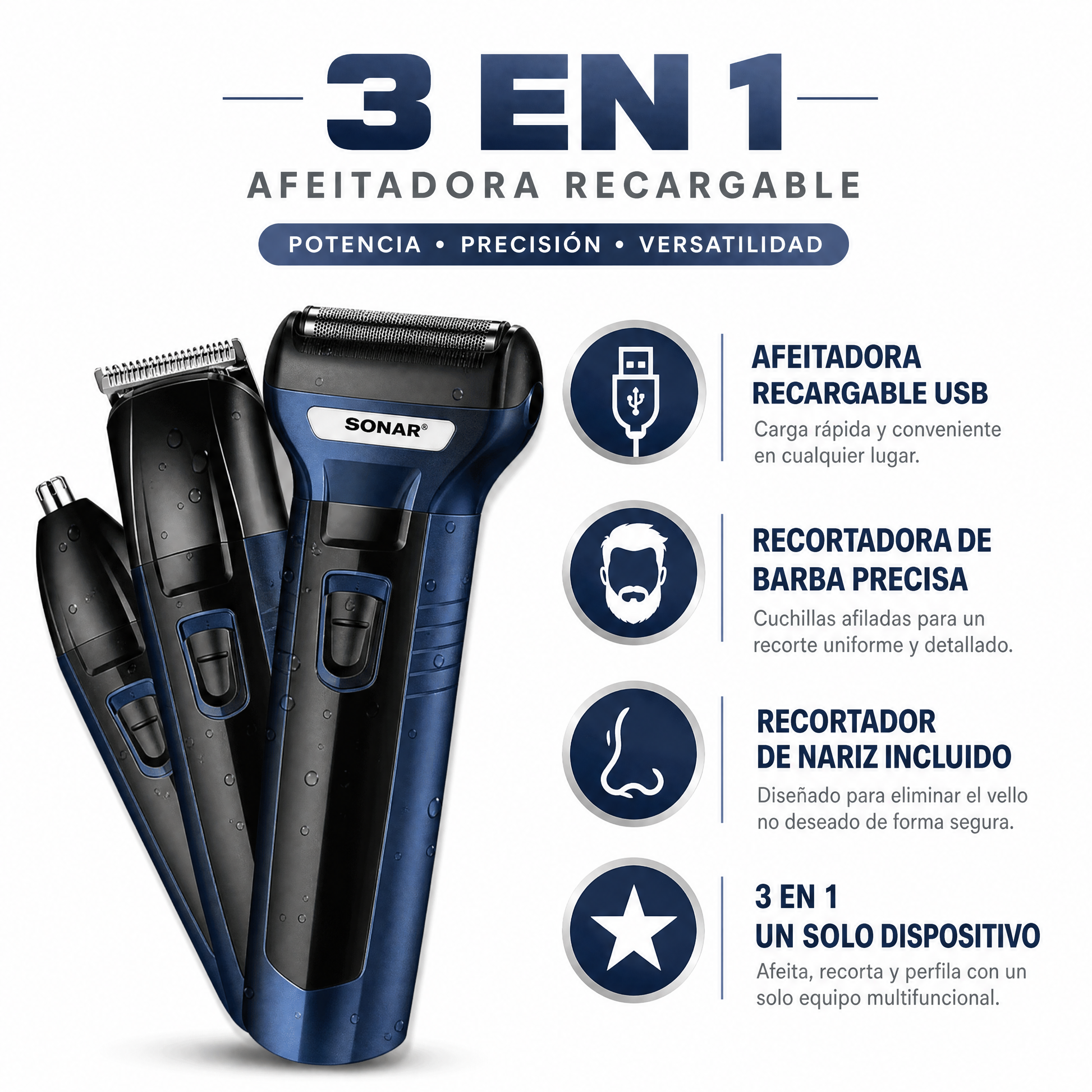 Afeitadora Sonar 3 en 1 - Infografico USB Barba Nariz Ecuador