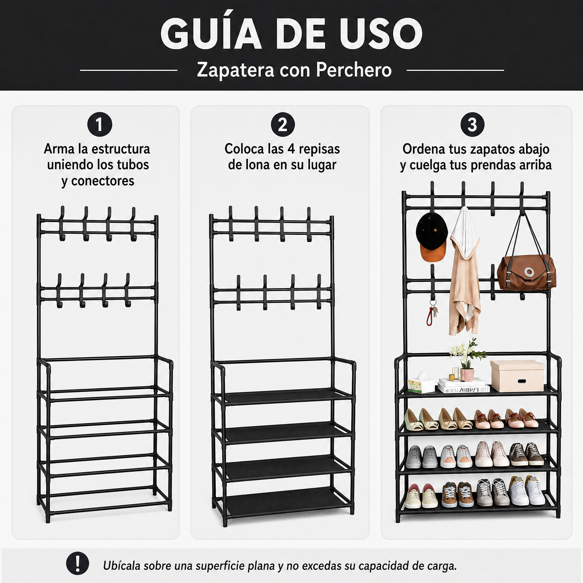 Zapatera con Perchero Metálica - Guía de uso 3 pasos Ecuador