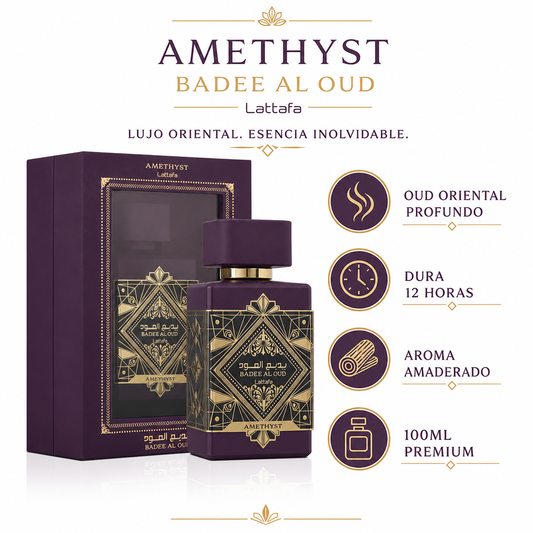 Badee Al Oud Amethyst - Infografico Oud Profundo Premium Ecuador