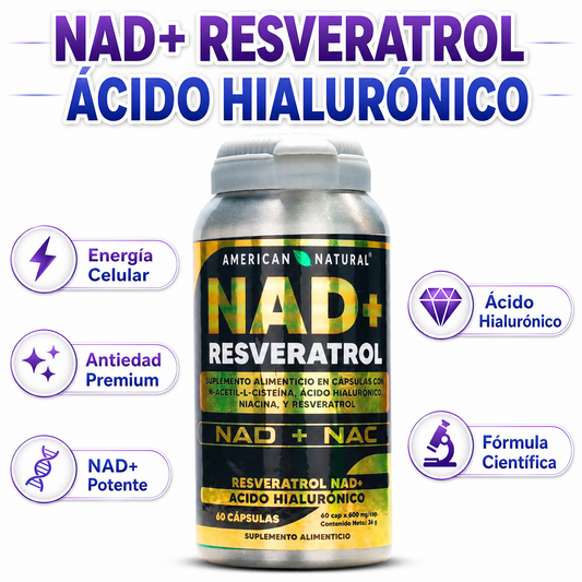 NAD+ Resveratrol Ácido Hialurónico 60 Cápsulas - Antiedad Premium