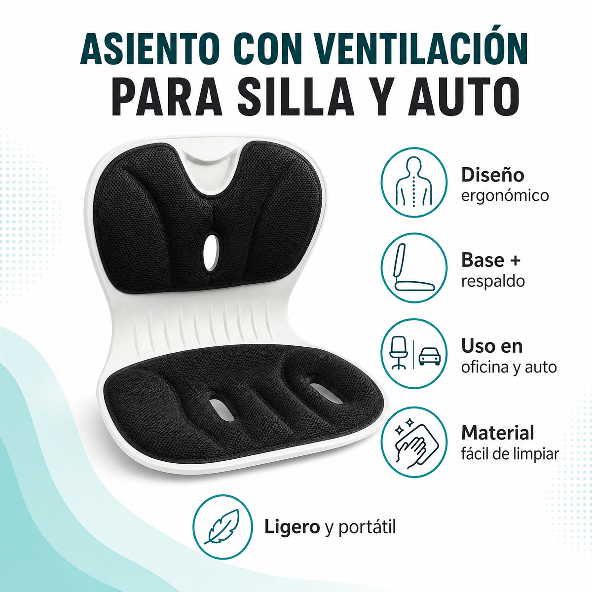 Asiento con Ventilación - Infografía Cojín Ergonómico para Silla y Auto Ecuador