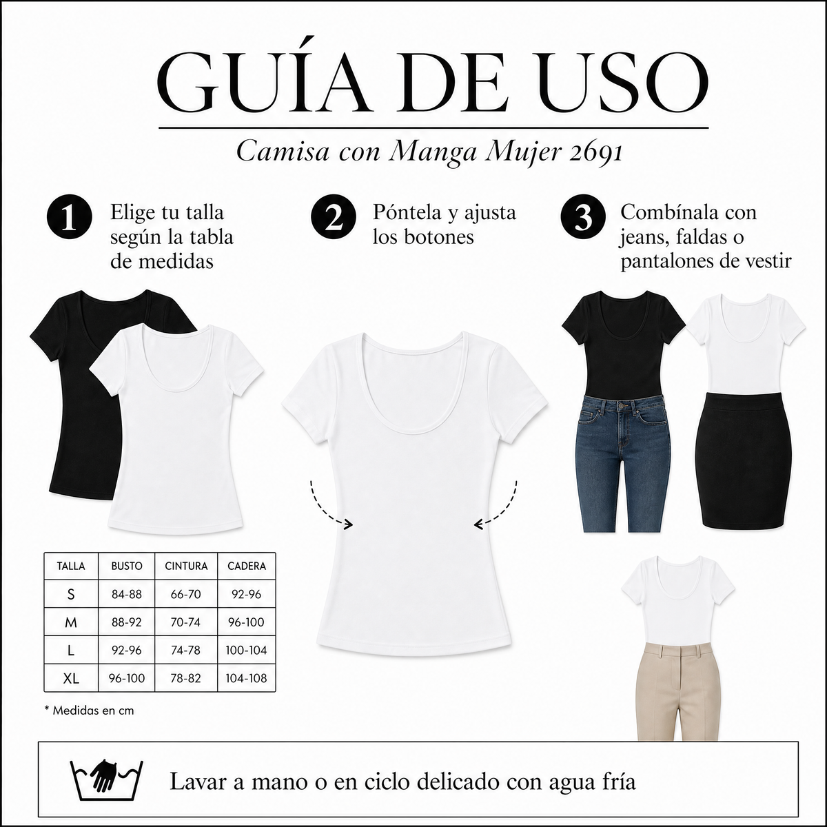 Camisa con Manga Mujer 2691 - Guía de uso 3 pasos Ecuador