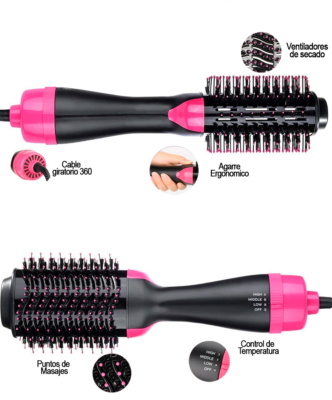 Cepillo Secador 3 en 1 - Seca Alisa y Riziza Cabello en Casa