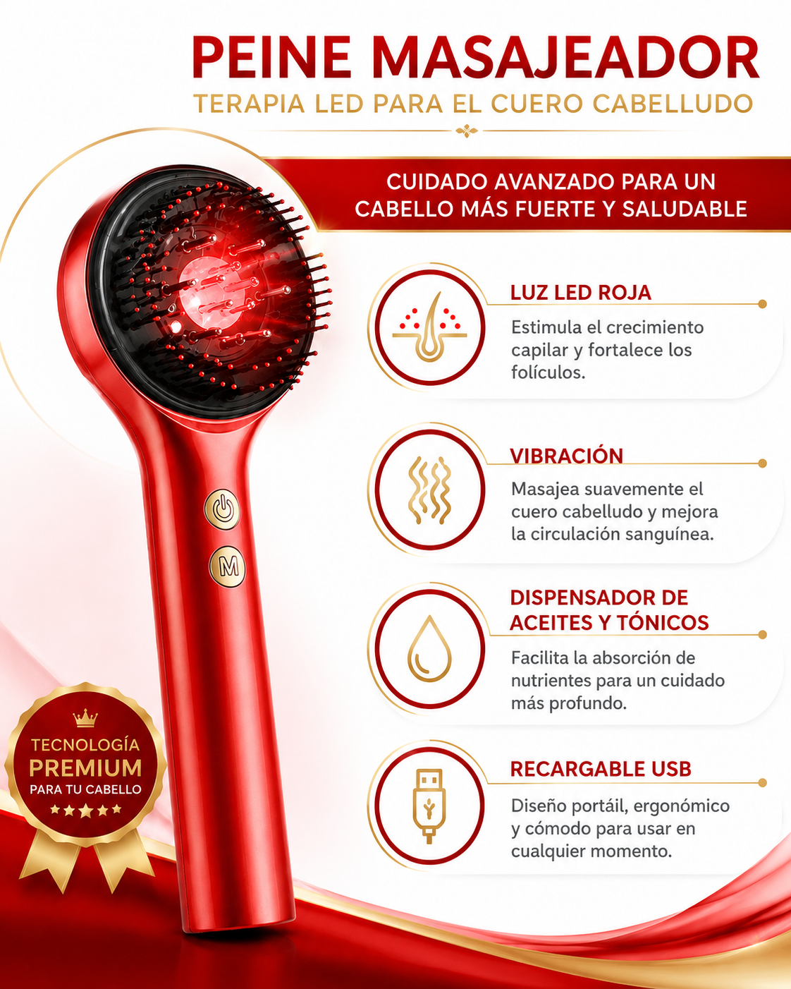 Peine Masajeador Cuero Cabelludo LED - Terapia Luz Crecimiento Capilar