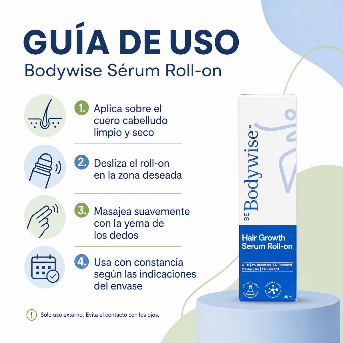 Guía de uso de Bodywise sérum capilar roll-on paso a paso
