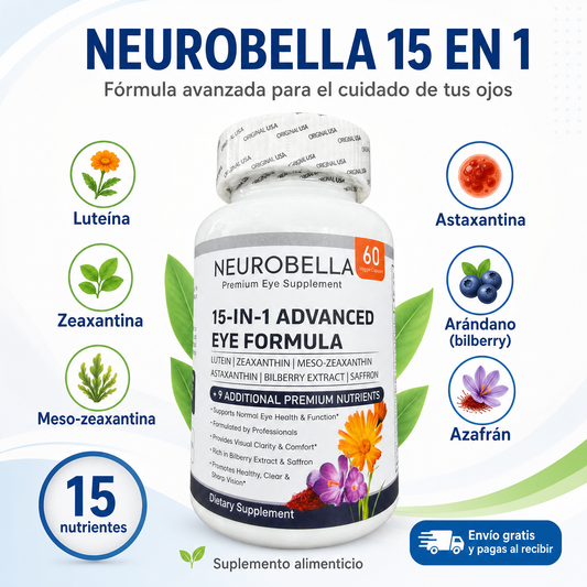 Infografía de Neurobella 15 en 1 con luteína, zeaxantina, astaxantina, arándano y azafrán