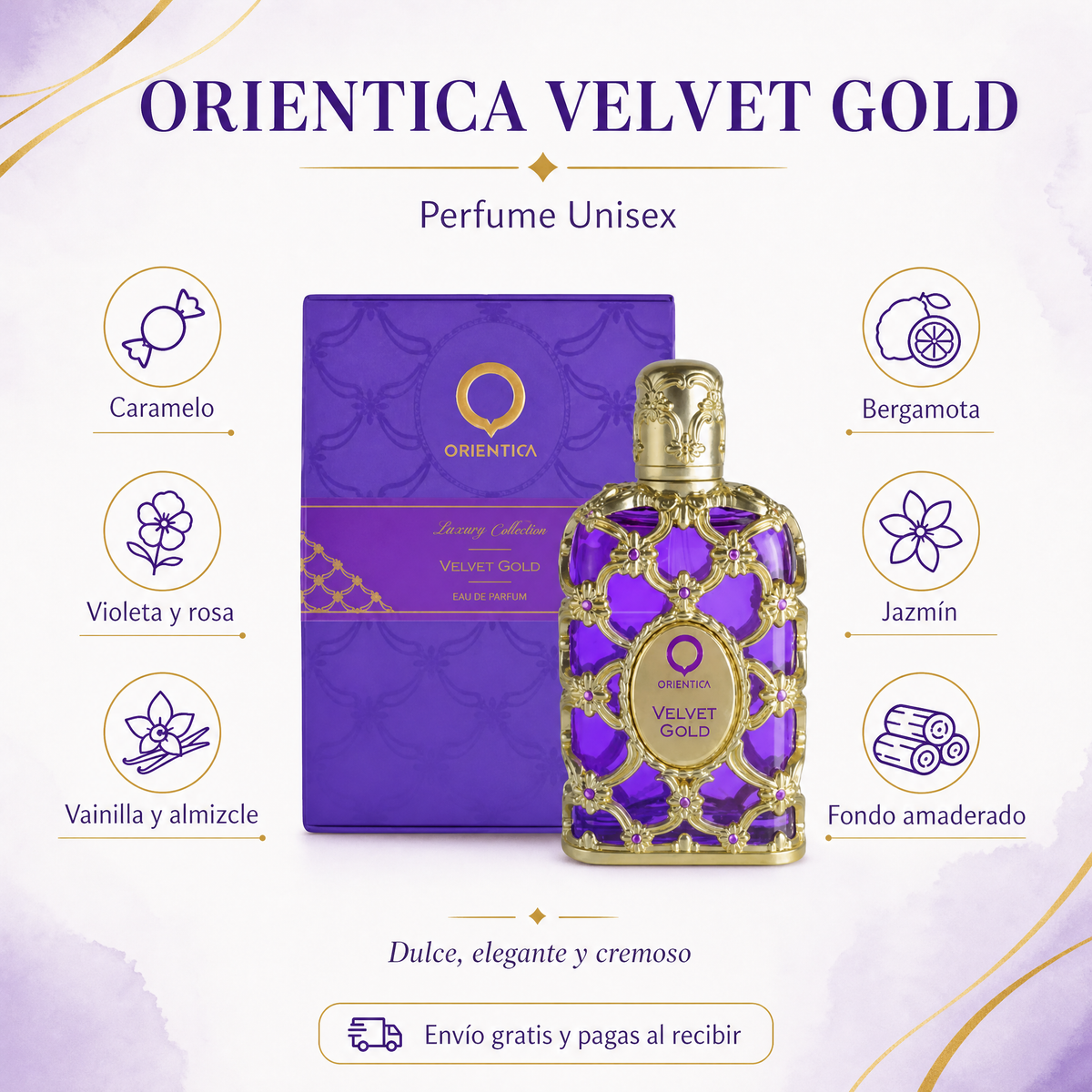 Infografía de Orientica Velvet Gold perfume unisex con caramelo, jazmín y vainilla