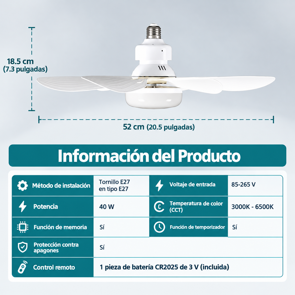 Especificaciones del foco con ventilador E27