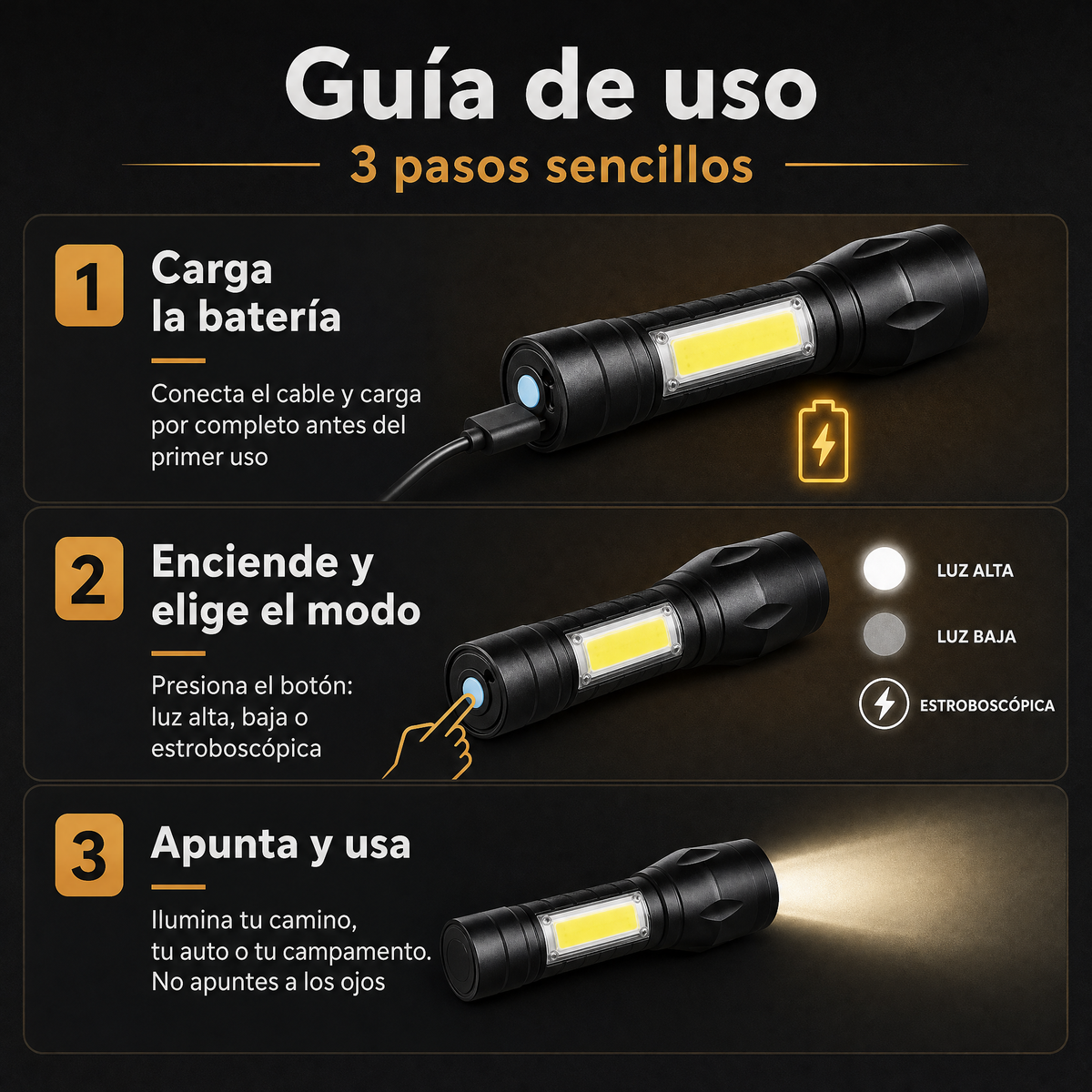 Linterna táctica recargable - guía de uso en 3 pasos