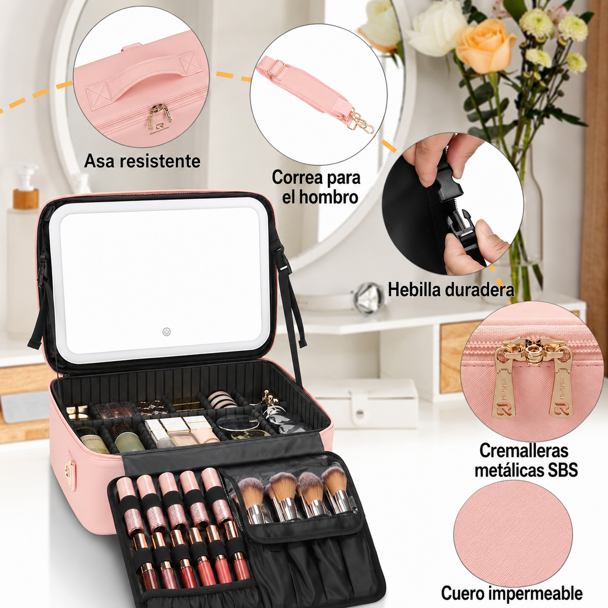 Cosmetiquera con Espejo LED - Organizador Maquillaje Portátil