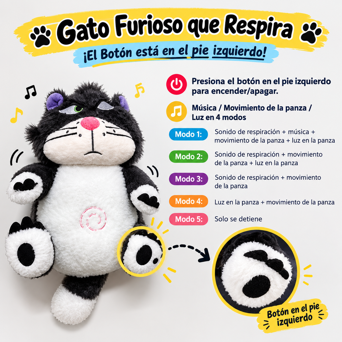 Peluche Gato Lucifer Relajante 30cm - 4 Modos Respira y Música | Regalo Niños