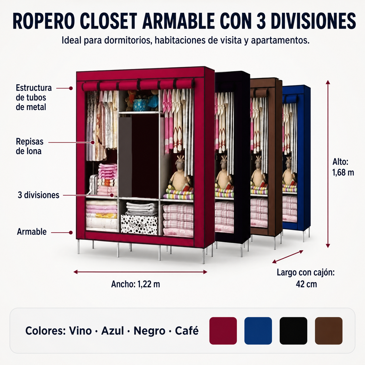 Infografía del ropero closet armable con 3 divisiones: medidas y colores
