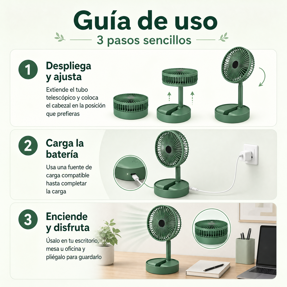 Ventilador plegable recargable - guía de uso en 3 pasos