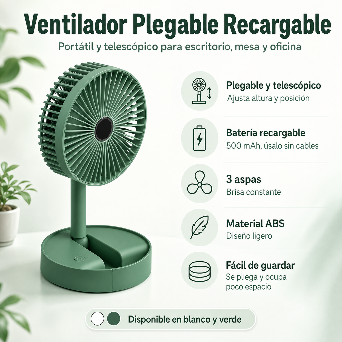 Ventilador plegable recargable - infografía telescópico batería 500 mAh 3 aspas