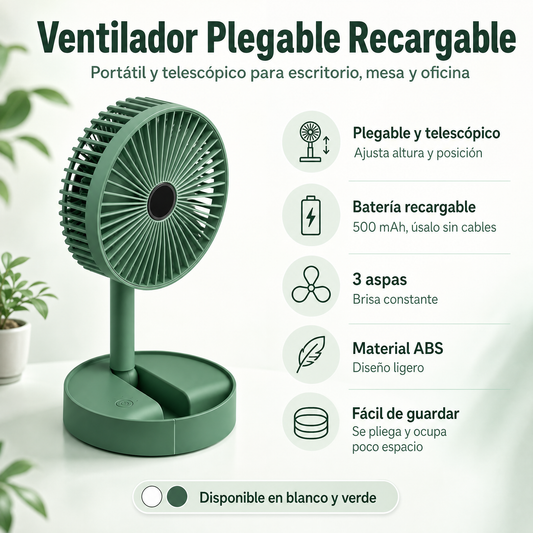 Ventilador plegable recargable - infografía telescópico batería 500 mAh 3 aspas