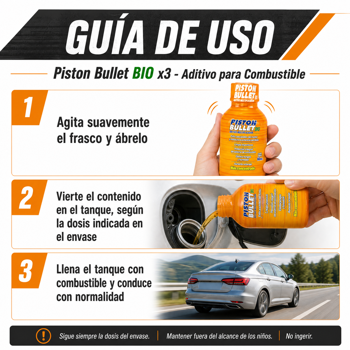 Piston Bullet BIO x3 - Guía de uso 3 pasos aditivo combustible Ecuador