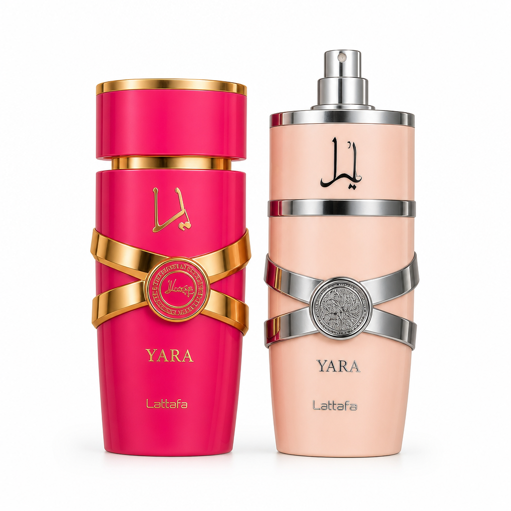 Combo Perfumes Arabes Yara Lattafa y Candy - Producto Fondo Blanco Ecuador