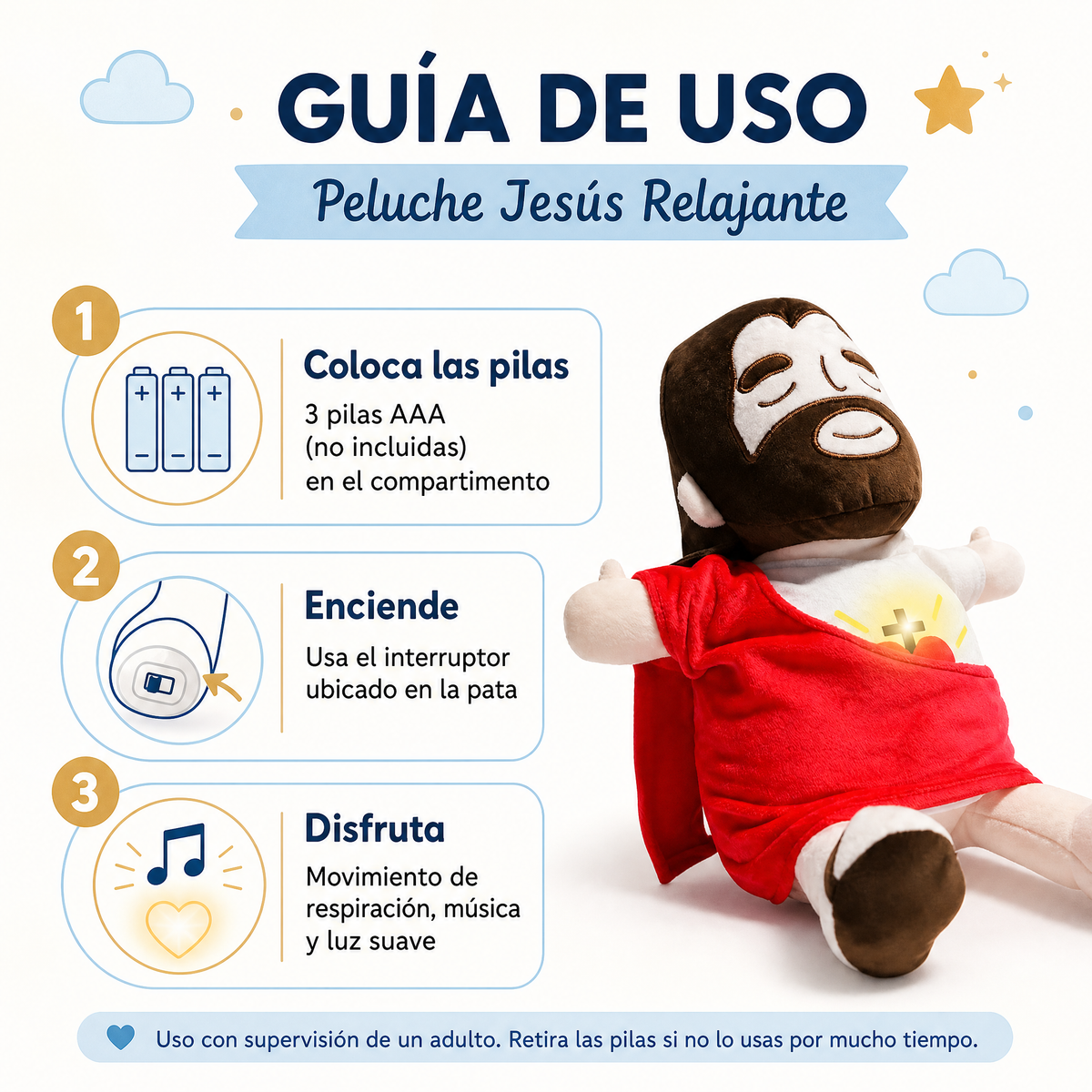 Peluche Jesús Relajante - Guía de uso 3 pasos Ecuador