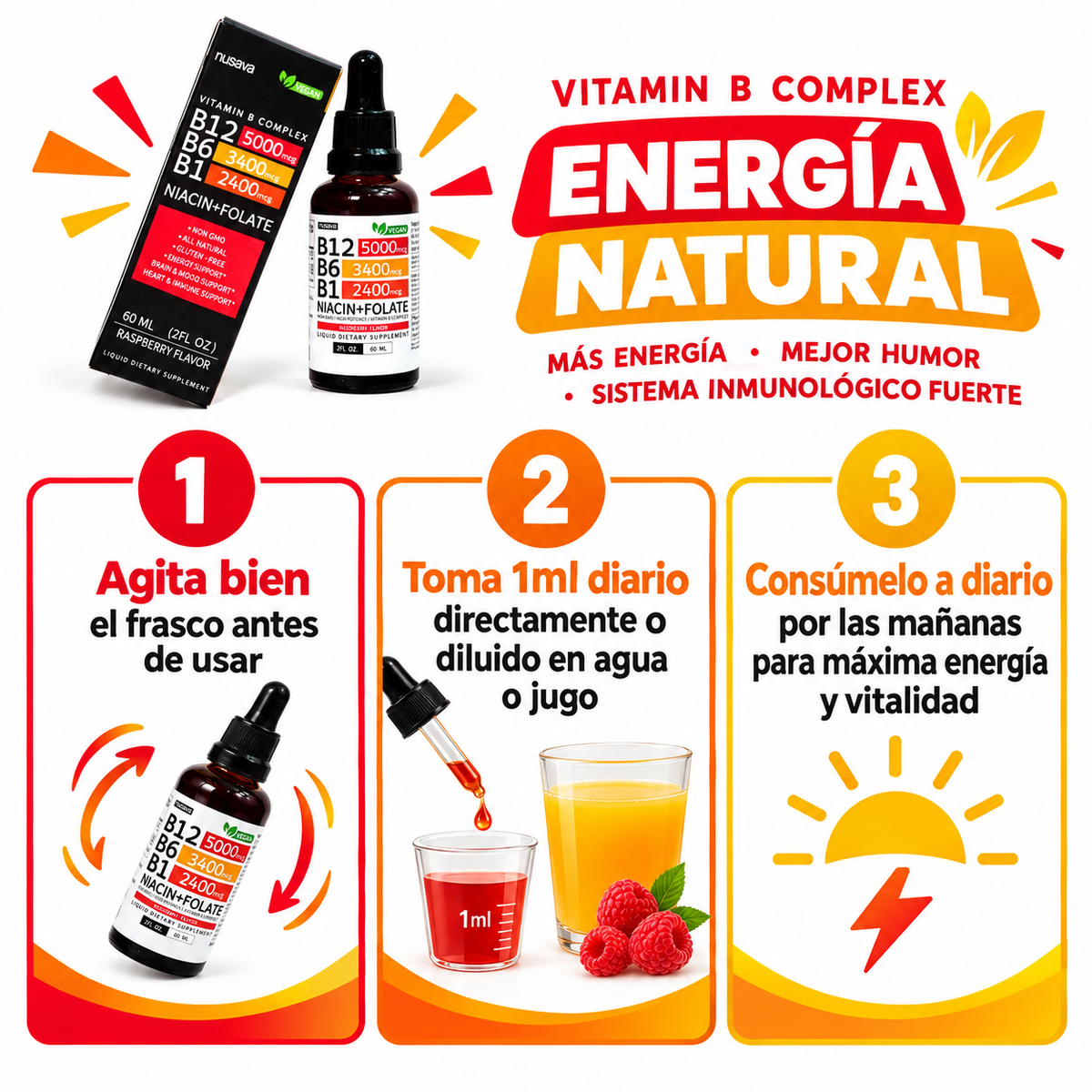 Vitamina B12 Complex 60ml - Guía de uso rojo naranja 3 pasos