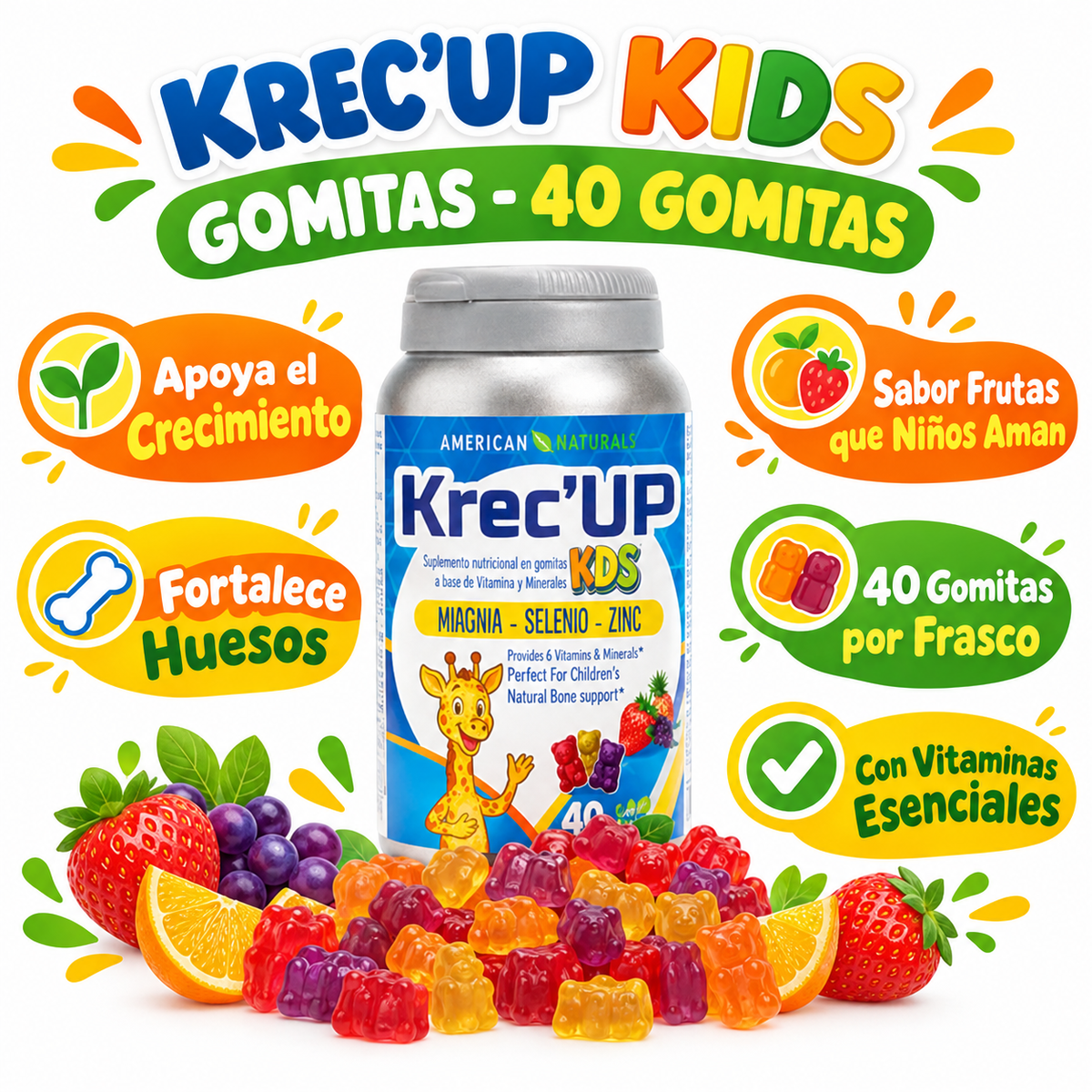 Krec'Up Kids Gomitas 40 - Infográfico naranja amarillo verde vitaminas niños