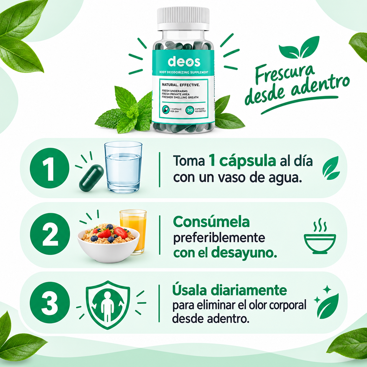 Desodorante Interno DEOS 30 Cápsulas - Guía de uso verde menta 3 pasos