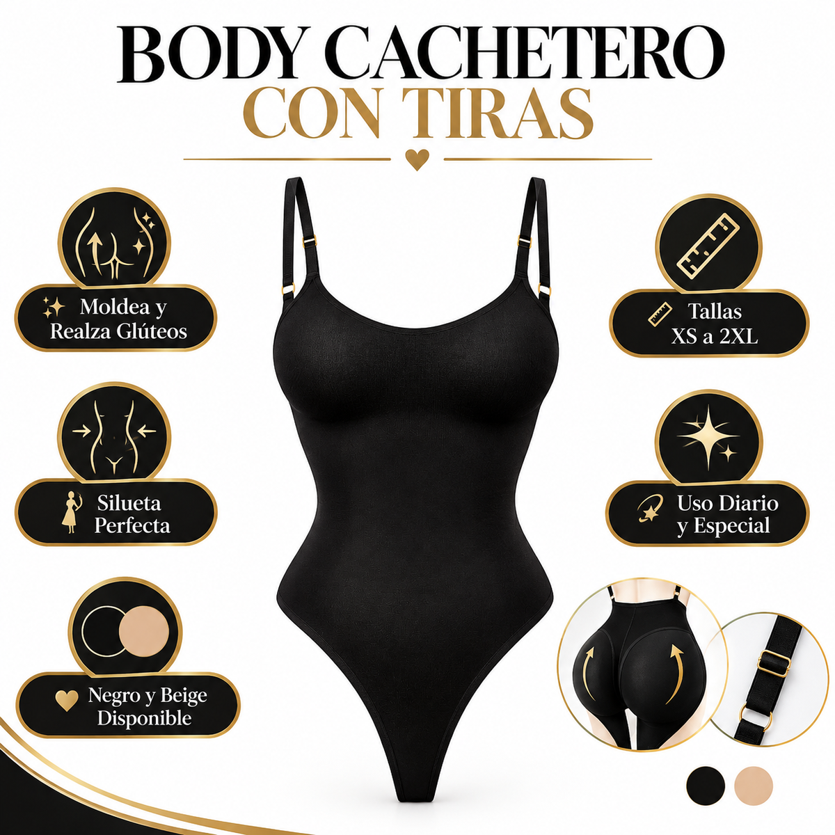Body Cachetero con Tiras 2680 - Infográfico negro beige moldea realza glúteos