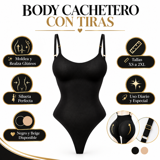 Body Cachetero con Tiras 2680 - Infográfico negro beige moldea realza glúteos