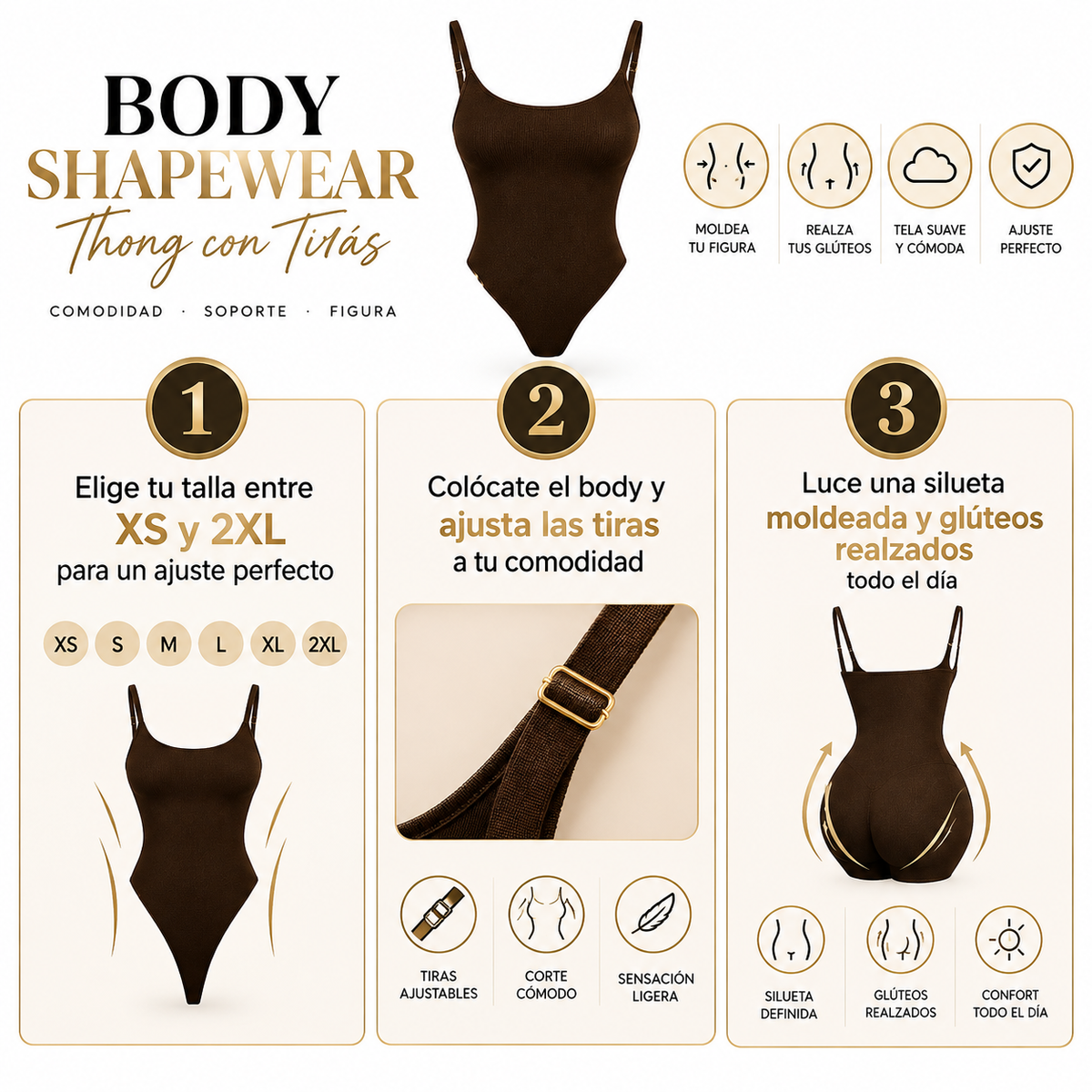 Body Cachetero con Tiras 2680 - Guía de uso 3 pasos tallas XS a 2XL